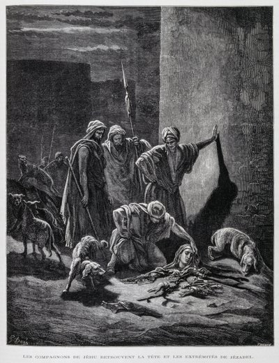 Restos da rainha Jezabel depois de ter sido atirada das janelas do palácio, Ilustração da Bíblia de Dore de Gustave Dore