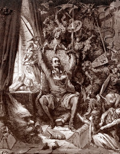 Representação de Dom Quixote na sua biblioteca rodeada pelas criaturas dos seus livros Gravura de Gustave Dore (1832-1883) para "L