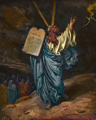 Representação de Moisés com os novos Tabletes da Lei no Monte Sinai - gravura de Gustave Dore (1832-1883) - coloração posterior de Gustave Dore
