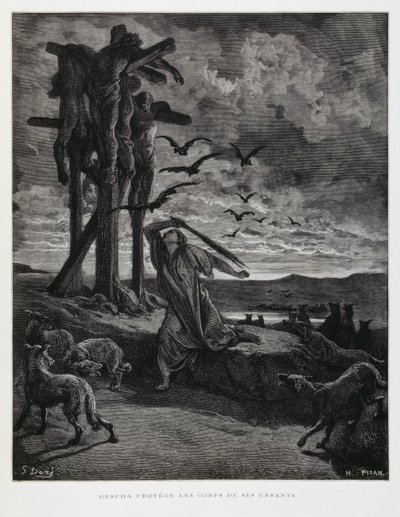 Rizpa impede que as bestas selvagens profanem os corpos dos seus filhos mortos, Ilustração da Bíblia de Dore de Gustave Dore