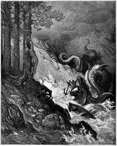 Ruggiero luta contra o monstro marinho (dragão) que ameaça Olímpia amarrado a uma árvore, bloqueia-lhe as mandíbulas com uma âncora e salva Olímpia (cântico 11, estrofe 37) - Gravura de Gustave Dore (1832-1883) ilustrando "O furioso Roland" (1878) de Ludov de Gustave Dore
