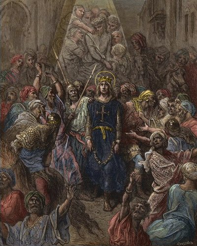 São Luís feito prisioneiro em Mansoura, durante a 7ª Cruzada em 1250 - Rei Luís IX (1214-70) prisioneiro no Egipto - gravura de Gustave Dore - da História das Cruzadas de Joseph-Francois Michaud de Gustave Dore