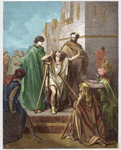São Pedro e São João curando uma lâmina - Guerison of the lame - São Pedro, acompanhado por São João, milagrosamente guerreou um coxo em Jerusalém - - Gravura em "A ilustração bíblica" de Gustave Dore (1832-1883) - Gravura em "A Bíblia Dore de Gustave Dore