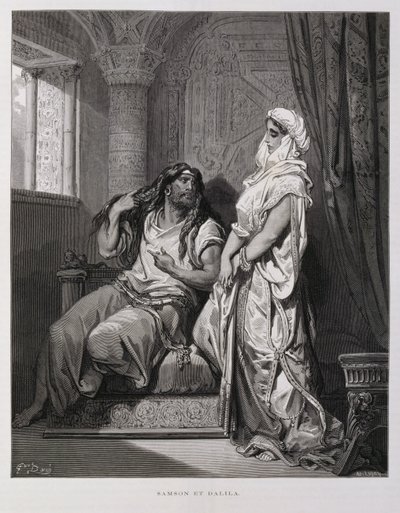 Sansão e Dalila, capítulo 16, do Livro dos Juízes, no Antigo Testamento, ilustração da Bíblia de Dore de Gustave Dore