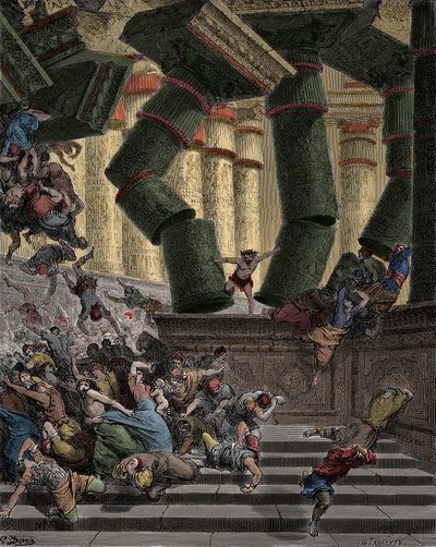 Sansão derrubando o Templo de Dagon Engraving de Gustave Dore (1832-1883) de Gustave Dore