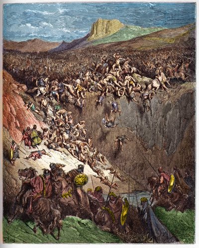 Sansão destruindo os filisteus com a mandíbula de um rabo - Sansão mata os filisteus com a mandíbula de um burro - - Gravura em "A ilustração bíblica" de Gustave Dore (1832-1883) - Gravura em "A Bíblia Dore de Gustave Dore