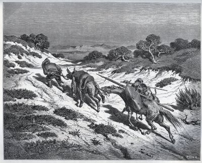 Sancho Panza, Dom Quixote e suas montarias após a derrota contra os Yangers - de "Dom Quixote de la Mancha" de Miguel Cervantes (1547-1616) (Dom Quixote) - Corte de madeira após desenho de Gustave Dore de Gustave Dore