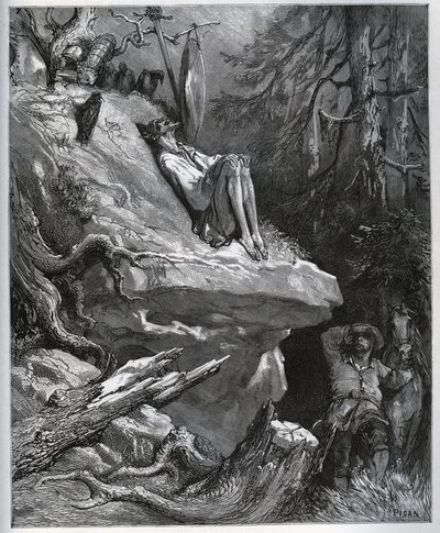 Sancho Panza encontra seu mestre, sempre em penitência - de "Dom Quixote de la Mancha" de Miguel Cervantes (1547-1616) (Dom Quixote) - Lenhador após desenho de Gustave Dore de Gustave Dore