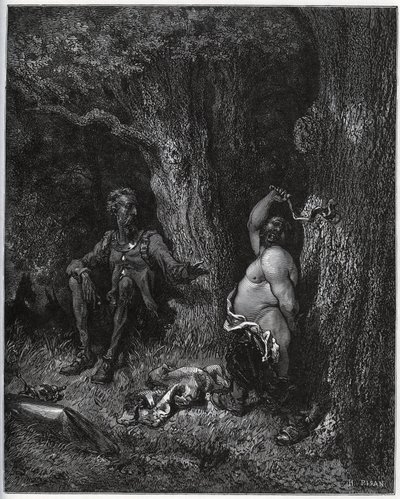 Sancho Panza voa na frente de Dom Quixote para satisfazer o desejo de Merlin e assim desencantar Dulcinee de Toboso. Dom Quixote o exorta a moderar os seus ardores - de "Dom Quixote de la Mancha" de Miguel Cervantes (1547-1616) (Dom Quixote) - Woodcut de Gustave Dore