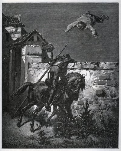 Sancho Panza é enganado, e Dom Quixote não pode intervir - de "Dom Quixote de la Mancha" de Miguel Cervantes (1547-1616) (Dom Quixote) - Lenhador após desenho de Gustave Dore de Gustave Dore
