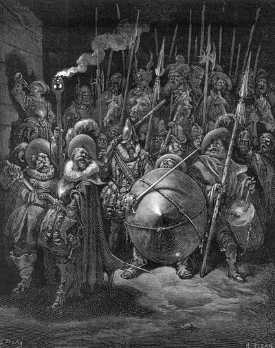Sancho e os Cavaleiros, de "Dom Quixote de la Mancha" de Miguel Cervantes, gravado por Heliodore Joseph Pisan, c.1875 de Gustave Dore