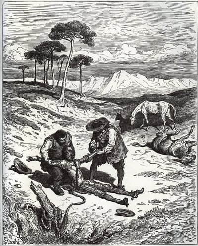 Sancho e o primo puxam Don Quijote (a dormir) da caverna de Montesinos - de "Don Quixote de la Mancha" de Miguel Cervantes (1547-1616) (Don Quixote) - Lenhador após desenho de Gustave Dore de Gustave Dore