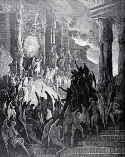 Satanás no Concílio, do Livro I de &39;Paraíso Perdido&39;, de John Milton (1608-74), gravado por stephane Pannemaker (1847-1930) c.1868 de Gustave Dore