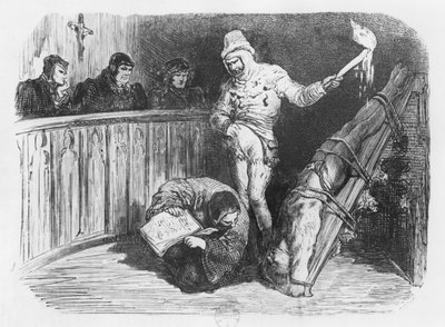 Cena da Inquisição, ilustração do &39;Essais&39; de Michel Eyquem de Montaigne (1533-92) (gravura) (foto bw) de Gustave Dore