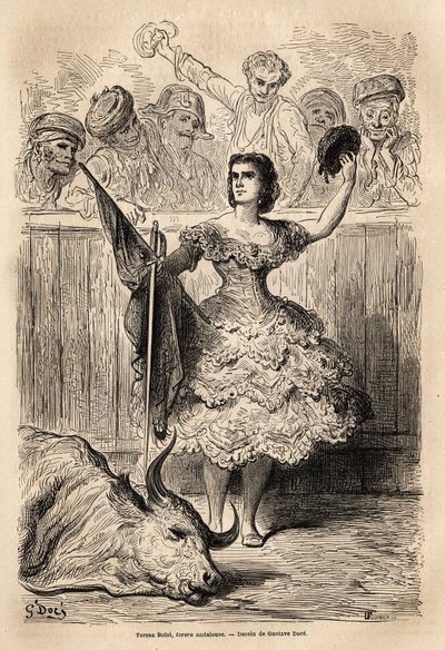 Cena de tourada: o triunfo de Teresa Bolsi, torrera andaluza, saudando a assembleia que o aclama em Sevilha. Esboço ao vivo de Gustave Dore (1832-1883). Gravura para ilustrar a viagem na Espanha, em 1862, de Charles Davillier e G de Gustave Dore