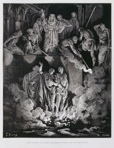 Sadraque, Mesaque e Abednego na fornalha ardente, ilustração da Bíblia de Dore de Gustave Dore