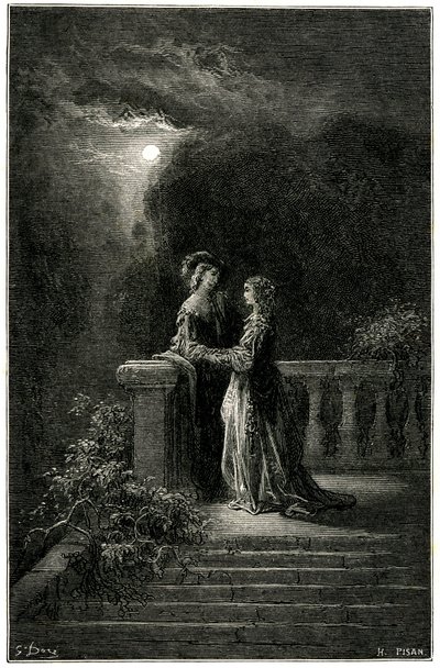 Sigognac e Isabelle: amantes finalmente unidos ao luar. No final, o amor triunfa! Gravura de Gustave Dore ilustrando o romance picaresco de capa e espada de Theophile Gautier "Le capitaine Fracasse", edição Charpentier 1863. de Gustave Dore