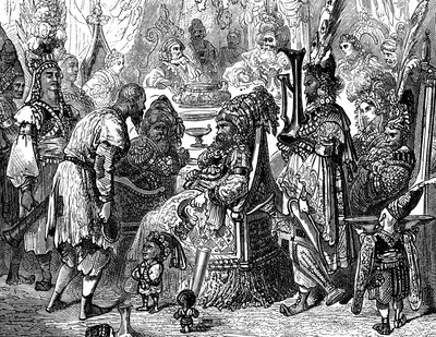 Sindbad, o marinheiro (Sinbad) - conto das mil e uma (1001) noites - ilustração de Gustave Dore (pormenor) - edição Maxwell 1865 - Prólogo: um pobre portador (Hinbad) apresenta-se a Sindbad, que se tornou velho e rico. Este último conta-lhe de Gustave Dore