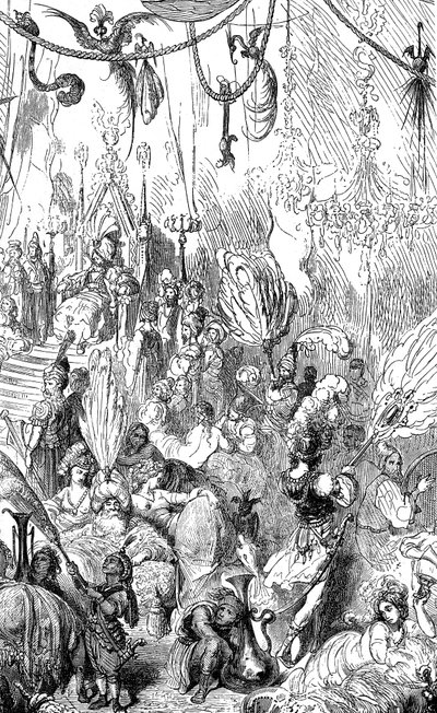 Sindbad, o marinheiro (Sinbad) - conto das mil e uma (1001) noites - ilustração de Gustave Dore - edição Maxwell 1865 - Sexta viagem - esta gravura pode representar a corte do rei de Serendib ou a do califa Haroun al-Rashid (Harun al de Gustave Dore