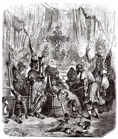 Sindbad, o marinheiro (Sinbad) - conto das mil e uma (1001) noites - ilustração de Gustave Dore - edição Maxwell 1865 - Prólogo: um pobre portador (Hinbad) apresenta-se perante Sindbad, que se tornou velho e rico. Este último vai contar a sua aventura de Gustave Dore