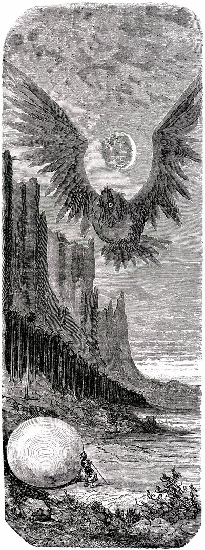 Sindbad, o marinheiro (Sinbad) - conto das mil e uma (1001) noites - ilustração de Gustave Dore - edição Maxwell 1865 - Segunda viagem: Sindbad, tendo descoberto numa ilha um enorme ovo do gigantesco pássaro Roc, é atacado por este pássaro gigante - de Gustave Dore