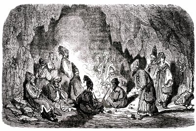 Sindbad, o marinheiro (Sinbad) - conto das mil e uma (1001) noites - ilustração de Gustave Dore - edição Maxwell 1865 - Primeira viagem: Sindbad, abandonado no meio do mar pelos seus companheiros, chega a uma ilha e encontra numa gruta a palefrenia de Gustave Dore