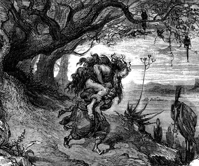 Sindbad, o marinheiro (Sinbad) - conto das mil e uma noites (1001) - ilustração de Gustave Dore (pormenor) - edição Maxwell 1865 - Quinta viagem: Sindbad é obrigado a levar ao ombro um velho que se agarra a ele e do qual já não se consegue libertar. de Gustave Dore