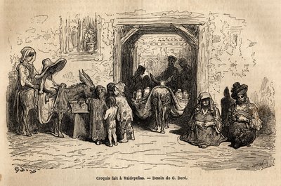 Esboço feito ao vivo: mendigos em Valpadenas (Canal). Gravura para ilustrar a viagem à Espanha do ilustrador Gustave Dore (1832-1883) e do Barão Ch. Davillier, em 1862, publicada no "Le tour du monde, nouveau journal des voyages", sob o de Gustave Dore