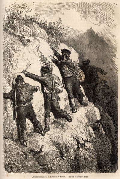 Contrabandistas da Serrania de Ronda. Desenho de Gustave Dore (1832-1883), para ilustrar a sua viagem à Espanha em 1862, com Ch. Davillier. Gravura em "Le tour du monde", editado por Edouard Charton de Gustave Dore
