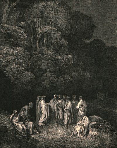 Então, vi unir a brilhante escola dele o monarca da música mais sublime, c1890. de Gustave Dore