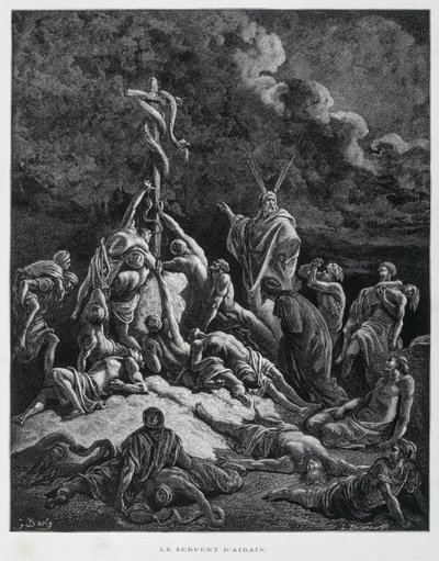 Então Moisés fez uma serpente de bronze e colocou-a num poste. Números 21:7, Ilustração da Bíblia de Dore de Gustave Dore