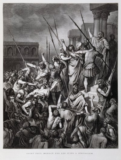 São Paulo atacado pelos judeus de Jerusalém, Ilustração da Bíblia de Dore de Gustave Dore