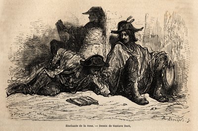 Estudantes de atum (ou tunantes) no distrito da Universidade de Alcalá de Henares, a peculiaridade destes estudantes que adotaram a vida ociosa, livre e errante é não estudar, esboçar ao vivo por Gustave Dore. Gravura para ilustrar a viagem de Gustave Dore