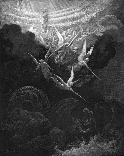 O Arcanjo Miguel e seus anjos lutando contra o dragão, 1865-1866 de Gustave Dore