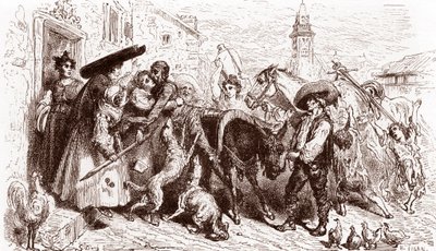 O Quixote Battered chega a casa Gravura de Gustave Dore (1832-1883) para "L