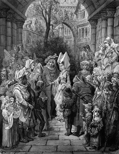 Os noivos que entram no salão, cena de &39;The Rime of the Ancient Mariner&39; por ST Coleridge, publicado pela Harper und Brothers, Nova York, 1876 (gravura em madeira) de Gustave Dore