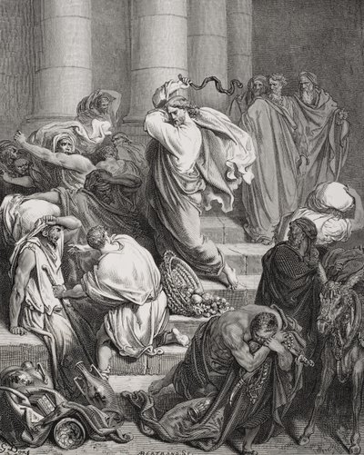 Os compradores e vendedores expulsos do templo, Lucas 19: 45-46, ilustração da "Bíblia Sagrada" de Dore, gravada por Bertrands, 1866 de Gustave Dore