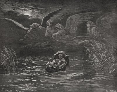 O Menino Moisés no Nilo, Êxodo 2: 1-4, ilustração da "Bíblia Sagrada" de Dore, gravada por H.Pisan, 1866 de Gustave Dore