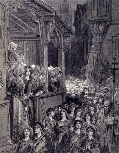 A Cruzada das Crianças: movimentos populares nascidos na Alemanha e na França em 1212, que reuniram milhares de pessoas de origem camponesa atrás de jovens profetas, proclamando-se eleitas por Deus, para ir libertar Jerusalém e o Santo Sepulcro do G de Gustave Dore