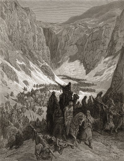 O exército cristão nas montanhas da Judeia, ilustração de &39;Bibliotheque des Croisades&39; por JF. Michaud, 1877 (lito) de Gustave Dore
