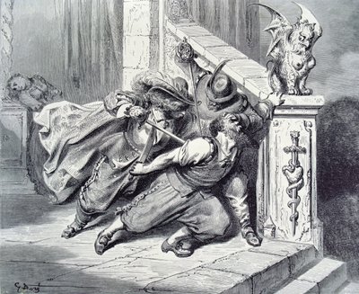 A morte do Bluebeard, ilustração para &39;Bluebeard&39; por Charles Perrault (1628-1703) 1893 de Gustave Dore