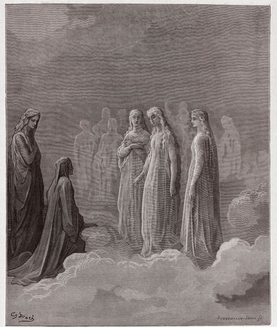 A Divina Comédia (La Divina Comedia, La Divine Comedie), Paradiso, Canto 3: O primeiro reino: Piccarda Donati e as almas cujos votos haviam sido quebrados - por Dante Alighieri (1265-1321) - Ilustração de Gustave Dore (1832-1883) de Gustave Dore