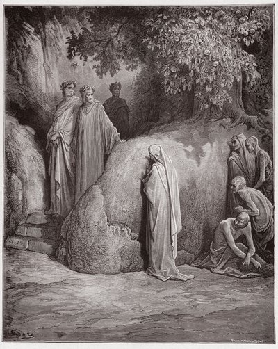 A Divina Comédia (La Divina Comedia, La Divina Comédia), Purgatorio, Canto 23: Dante reconhece a sombra da floresta entre os glutões - por Dante Alighieri (1265-1321) - Ilustração de Gustave Dore (1832-1883) de Gustave Dore