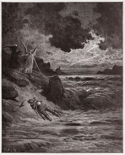 A Divina Comédia (La Divina Comedia, La Divina Comedie), Purgatorio, Canto 5: O corpo de Buonconte da Montefeltro no Arno - por Dante Alighieri (1265-1321) - Ilustração de Gustave Dore (1832-1883) de Gustave Dore