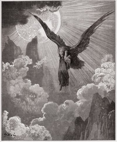 A Divina Comédia (La Divina Comedia, La Divina Comédia), Purgatorio, Canto 9: Dante, num sonho, é levado por uma águia - por Dante Alighieri (1265-1321) - Ilustração de Gustave Dore (1832-1883) de Gustave Dore