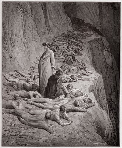 A Divina Comédia (La Divina Comedy, La Divine Comedie), Purgatorio, Canto 19: As almas dos avarentos: Adrian V fala a Dante - por Dante Alighieri (1265-1321) - Ilustração de Gustave Dore (1832-1883) de Gustave Dore