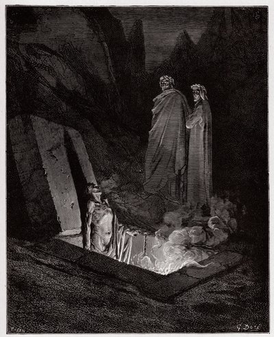 A Divina Comédia (La Divina Commedia, La Divina Comédia), Inferno, Canto 10: Farinata degli Uberti aborda Dante - de Dante Alighieri (1265-1321) - Ilustração de Gustave Dore (1832-1883) de Gustave Dore