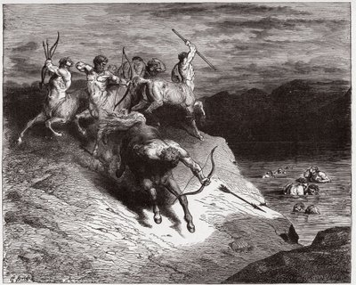 A Divina Comédia (La Divina Commedia, La Divina Comédia), Inferno, Canto 12: Os centauros atacam as almas em sangue fervente - por Dante Alighieri (1265-1321) - Ilustração de Gustave Dore (1832-1883) de Gustave Dore