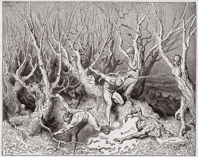 A Divina Comédia (La Divina Commedia, La Divina Comédia), Inferno, Canto 13: Os suicidas fogem da floresta - por Dante Alighieri (1265-1321) - Ilustração de Gustave Dore (1832-1883) de Gustave Dore