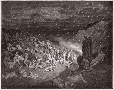 A Divina Comédia (La Divina Commedia, La Divina Comédia), Inferno, Canto 14: A violenta, atormentada na chuva de fogo - por Dante Alighieri (1265-1321) - Ilustração de Gustave Dore (1832-1883) de Gustave Dore